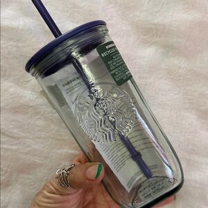 Starbucks Recycled Glass Tumbler with Purple Lid and Straw 16 Oz.